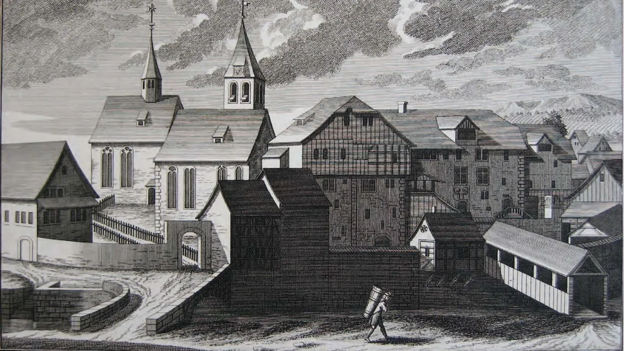 Kirche 1742 (Foto: Grafische Sammlung Zentralbibliothek Z&uuml;rich) &mdash; Kirche und Amtshaus mit Dorfbach. Stich von David Herrliberger, 1742